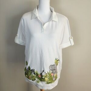 Karen Scott Jungle Polo Top Womens XL Elephant Giraffe Zebra Parrot Wildlife VTG